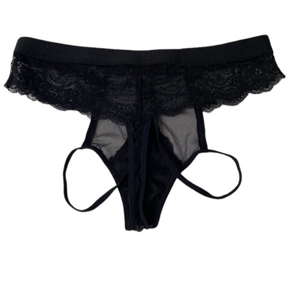 Hauty Playing Kio Black Lace Thong Strap Panty Geometric Cut Out Mesh